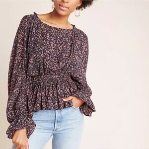Anthropologie Nichola Floral Peplum Top Blouse XS Brown Black